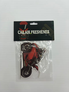 car air freshener featuring a dynamic illustration of a red high-performance motorcycle-1